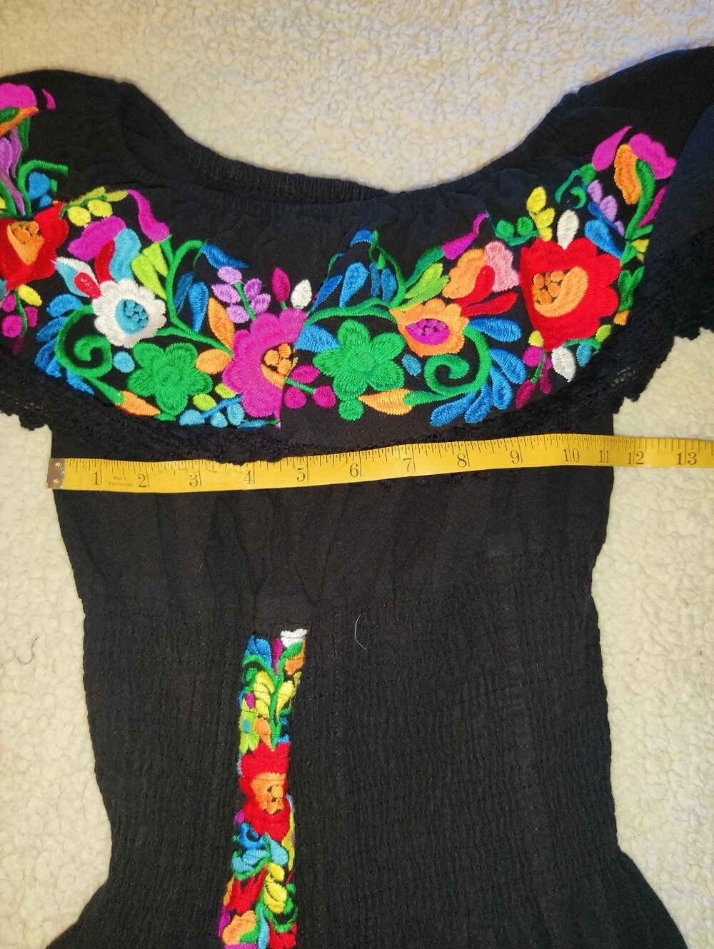 Handmade Embroidery Shoulder Ruffle Black Dress Flowers Multi-Color Design - Picture 5 of 6